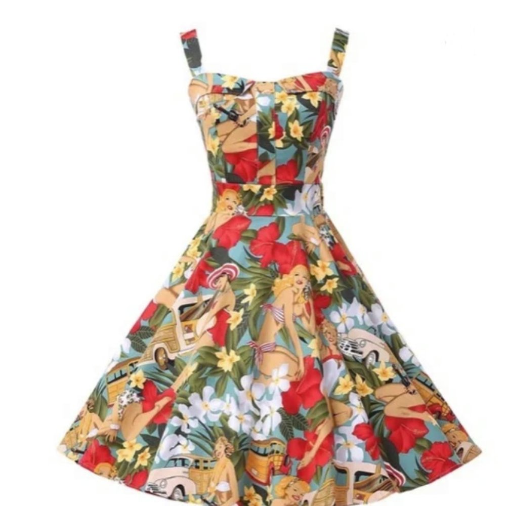 Grace Karin Hawaiian Retro Tropical Print Dress Size M